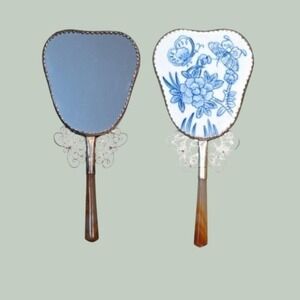 Vintage Chinese Hand Mirror Chinoiserie Porcelain Butterfly Vanity Decor Box‎